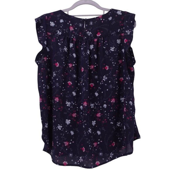 LOFT Outlet Blouse Sz PM Navy Blue Floral Print Flutter Sleeves Ruffle Casual - Picture 6 of 8